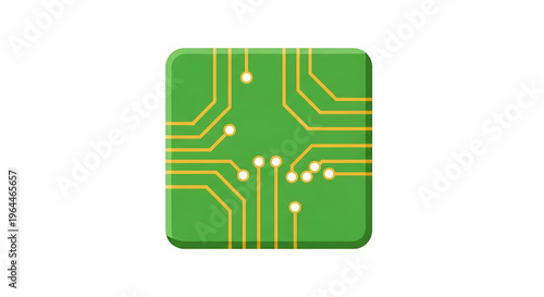 A green circuit board icon with yellow lines and white dots on a white background