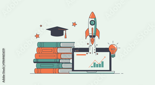 Line Art Illustration of Education and Innovation Concept with Graduation Cap, Books, Laptop, and Rocket on a Bright Studio Background.