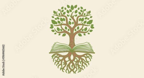 Vibrant Green Tree Growing from Open Book, Symbolizing Education and Knowledge Growth in Bright Studio