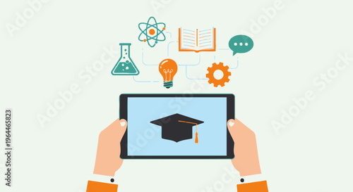 Hands holding tablet with graduation cap and diverse e-learning STEM icons in a bright studio, promoting digital education.