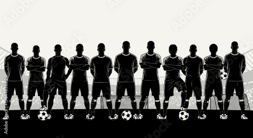 Silhouette of a soccer team standing on a field with goals and soccer balls, representing teamwork and sportsmanship.