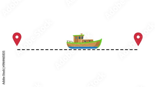 Boat navigating route between map pins, journey and location tracking
