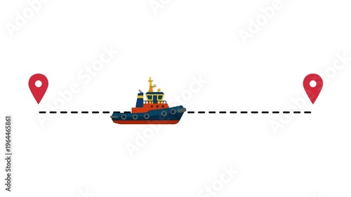 Tugboat Navigating Between Location Pins on White Background