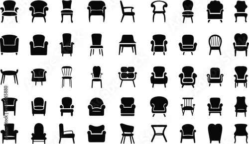 Black silhouette icons of fifty diverse chair designs, armchairs, lounge seating, dining furniture, accent styles for interior design, catalog, and decoration references