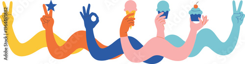 Diverse hands holding ice cream cupcakes and showing victory or okay gestures for celebration and happiness concept flat vector illustration