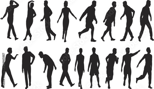 Black silhouette icons of human figures in diverse poses, standing, walking, running, leaning, gesturing, expressive stances for art, animation, and design references