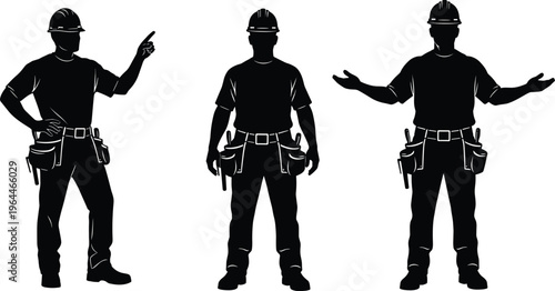 Set of Three Male Construction Worker Silhouettes Wearing Hard Hat and Tool Belt in Different Poses Isolated on White Background for Industrial Labor Graphic Design