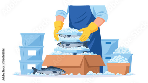 Fish Processing and Packaging: A worker, garbed in protective gloves and apron, expertly handles fresh fish during packaging process. Highlighting the careful handling and delivery of seafood
