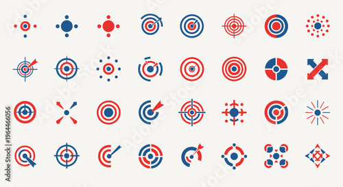 Set of Red and Blue Target and Arrow Themed Icons on a Light Gray Background