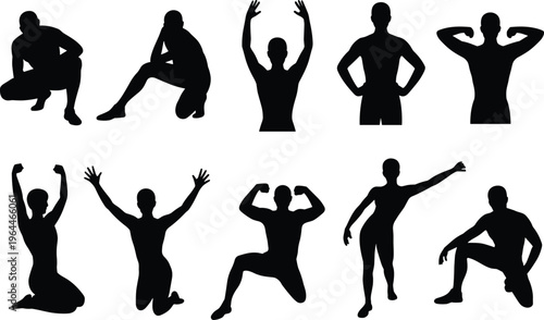 Black silhouette icons of human figures in dynamic poses, standing, crouching, flexing, expressive body gestures for art, animation, and design references