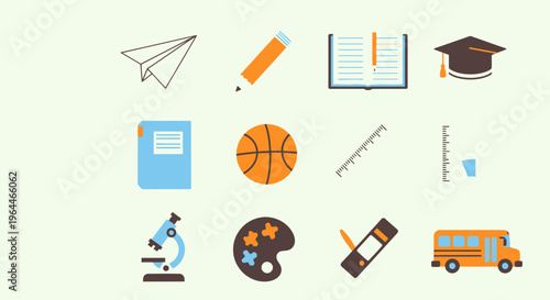 Diverse collection of colorful flat education and school subject icons, including graduation cap, books, sports, and art supplies, in bright studio.