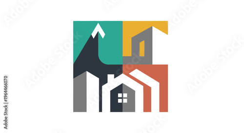 Abstract colorful house logo or icon design, featuring multiple building shapes in teal, grey, yellow, and orange, symbolizing real estate, community, or home.