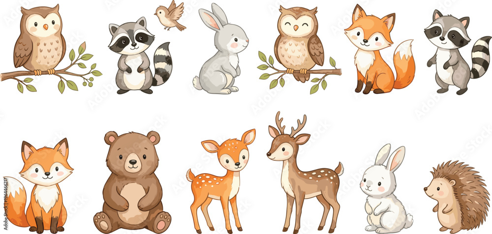 Fototapeta premium Cute Cartoon Woodland Animals Including Owl, Raccoon, Deer, Fox, Bear, Rabbit, and Hedgehog for Kids' Illustrations, Nature, and Forest Designs