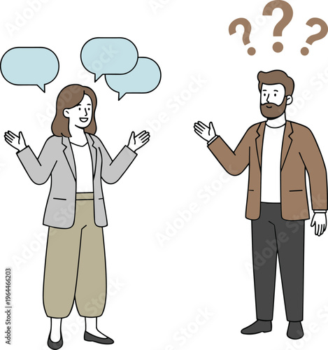 Professional woman talking with speech bubbles while man listening with question marks for communication misunderstanding and explanation concept flat vector