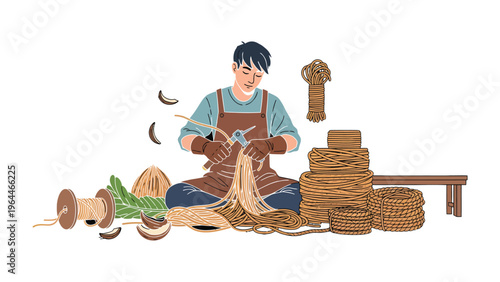 Artisan Crafting: A skilled artisan, engrossed in the traditional craft of weaving, meticulously works with natural materials, showcasing the artistry of handcraftsmanship. 