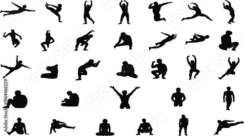 Black silhouette icons of human figures in dynamic poses, jumping, sitting, kneeling, stretching, standing, expressive stances for art, animation, and design references