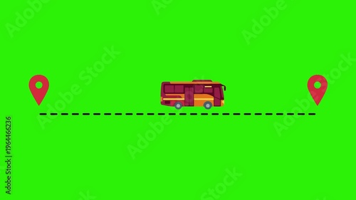 Animated Bus Travel Route with Location Pins on Green Screen