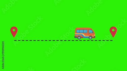 Van travel route animation with map pins on green screen
