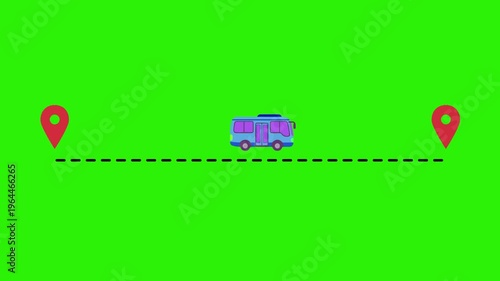 Animated bus travel route with GPS pins on green screen