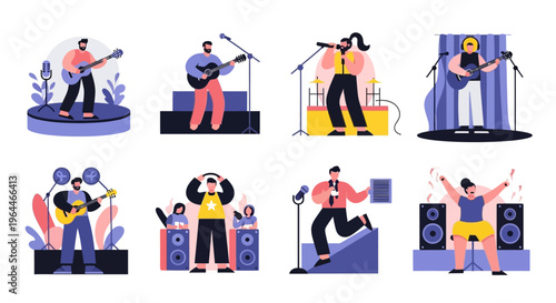 Set of eight illustrations depicting musicians performing on stage.