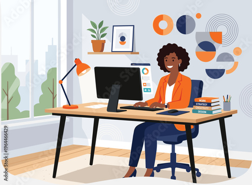 Modern home office illustration with woman working on computer, creative workspace setup, remote work lifestyle, flat design business productivity and digital workplace concept