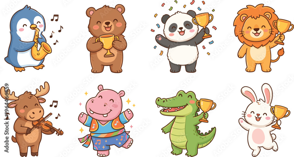 Obraz premium Cartoon Animals Celebrating with Trophies and Musical Instruments, Featuring Penguin, Bear, Panda, Lion, Hippo, Crocodile, and Rabbit for Kids' Illustrations