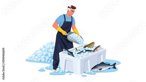The Fishmonger's Chilling Task: A dedicated fishmonger expertly places a scoop of ice into a container, preserving the freshness of a selection of fish for market.