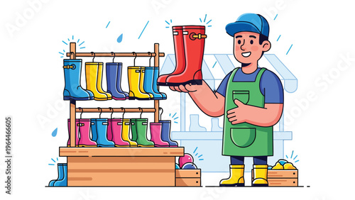 Rainy Day Boot Selection: A cheerful vendor presents a vibrant red boot from an array of colorful rain boots, symbolizing preparedness for a rainy day and promoting practicality and style.