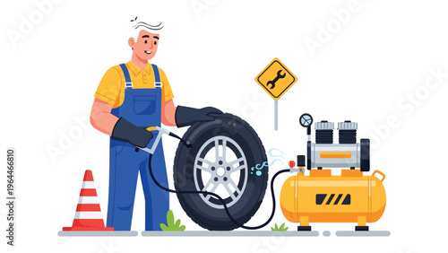 Tire Inflation Process: A skilled mechanic uses an air compressor to inflate a vehicle's tire, ensuring safe and optimal performance.