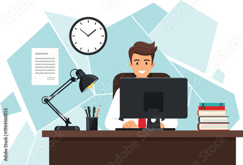 Office worker sitting at desk using computer with clock, books and lamp, productivity, time management and professional workplace concept in flat vector illustration
