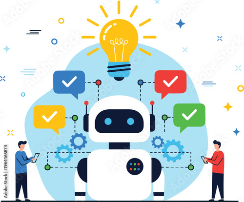 Illustration of a friendly robot surrounded by lightbulb gears and colorful checkmark bubbles representing collaborative artificial intelligence innovation.
