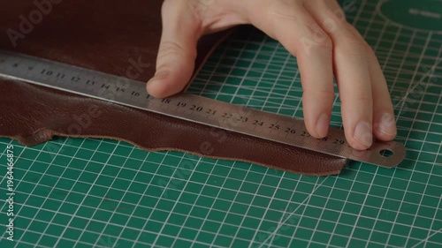 Close-up of a hand with a sharp leather cutting knife trimming or cutting a piece of natural brown leather. Fabrication technique.