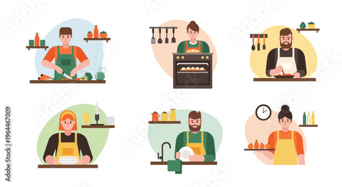 Set of six illustrations depicting people engaged in various kitchen activities.
