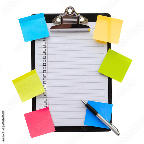 Clipboard with colorful sticky notes and pen ideal for design on transparent background