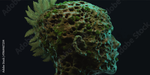 Surreal moss covered human head sculpture with ferns and coral texture on dark background, eco fantasy nature mind concept art