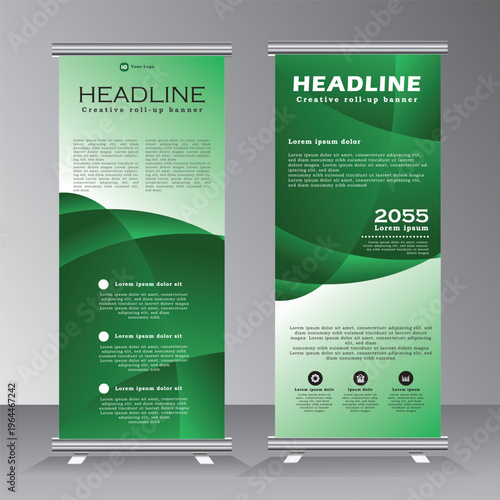 roll up banner vertical template design, for brochure, business, flyer, stand banner. modern x-banner and standee banner for advertising. vector illustration pull up banner with green color, 