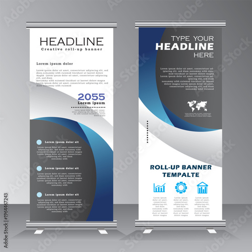 Blue roll up business brochure flyer banner design vertical template vector, cover presentation abstract geometric background, modern publication x-banne