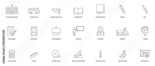 Education School Line Icon Set in Minimal Outline Style Vector Collection for E Learning Video Tutorial Webinar Study University Classroom Stock Icons for Web and Mobile App UI Design.