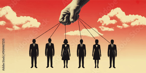 Giant hand controlling businesspeople like puppets, concept of manipulation, power, leadership control, corporate domination, red sky