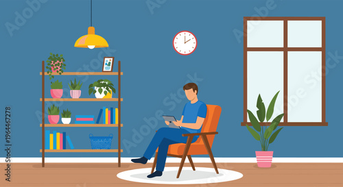 Relaxed man using tablet in cozy living room, home interior with plants, bookshelf and window, digital leisure, online reading and modern lifestyle concept