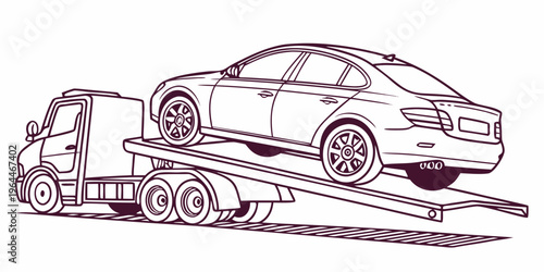 Line art illustration of a car being transported on a flatbed truck, automotive logistics and transportation concept.
