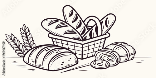 A black and white line art illustration of a wicker basket filled with bread rolls and baguettes next to a loaf and sliced bread with wheat.
