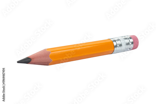 A sharpened orange pencil with silver band and pink eraser on transparent background