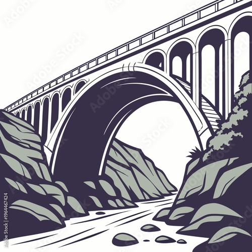 Bridge over river with arches rocky shoreline water