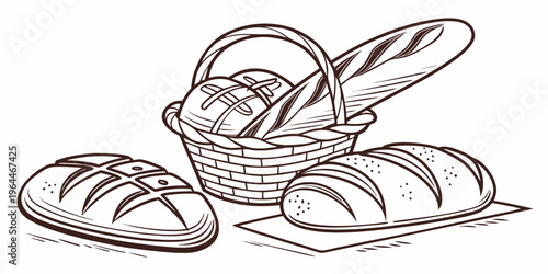 A line art illustration of a wicker basket filled with bread and baguettes alongside two crusty loaves on a cutting board and plate, perfect for baking and food concepts.