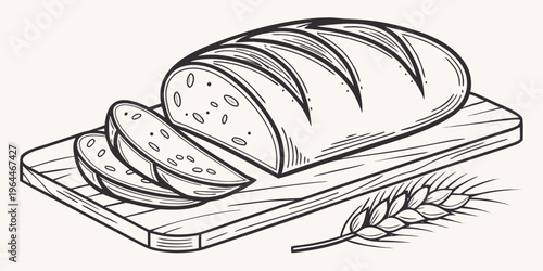 A loaf of bread with slices on a wooden cutting board and wheat, illustration in line art style for baking or food concept.