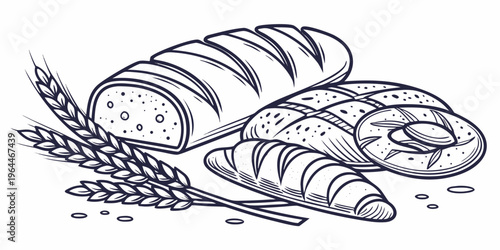 A black and white line art illustration of assorted breads and wheat, including a sliced baguette, croissant, and sesame seed bagel on a plate with wheat stalks.