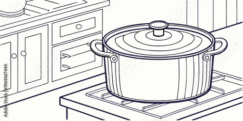 A large cooking pot with a lid on a kitchen stovetop, line art style illustration, kitchenware, cooking utensil, culinary, recipe, food preparation, kitchen decor