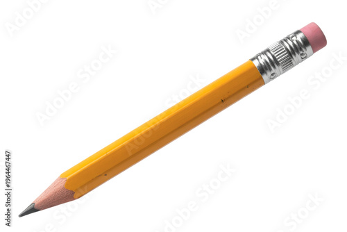 Realistic yellow pencil with pink eraser and silver band on transparent background