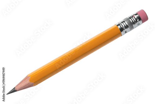 Realistic yellow pencil with silver ferrule and pink eraser on transparent background